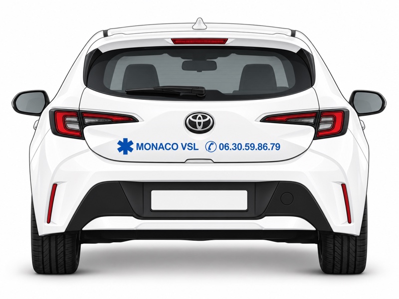 Illustration arrière de la Toyota Corolla, avec le nom Monaco VSL et le numéro de contact.